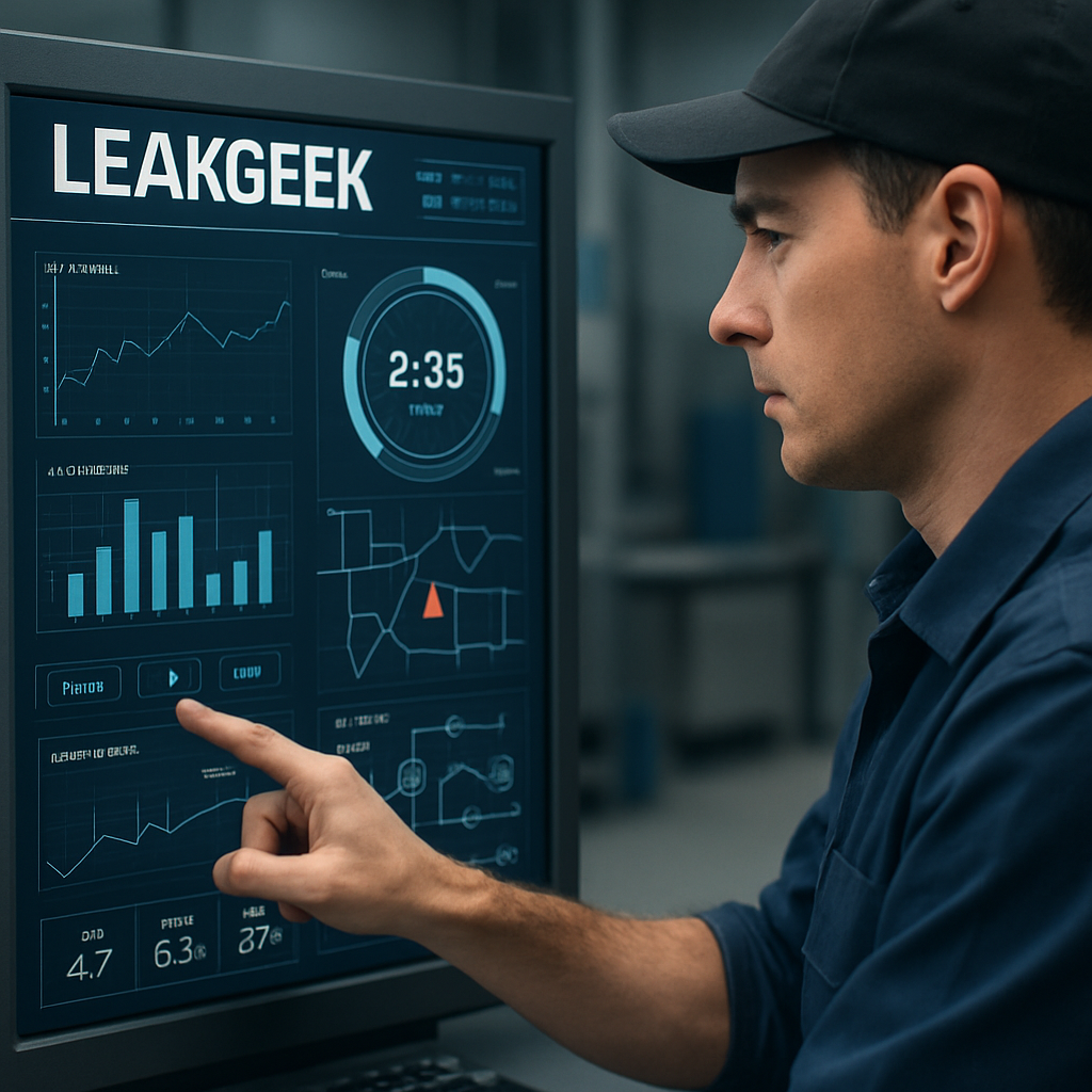 A skilled technician is actively interacting with the state-of-the-art LeakGeek interface, which is designed for advanced leak detection and management. The operator is focused and proficiently navigating the sophisticated controls and displays of the technology, showcasing their expertise in handling complex equipment in a professional setting.