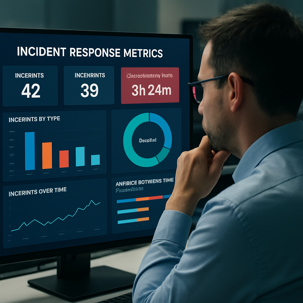 Security analyst reviewing incident response metrics on a digital dashboard