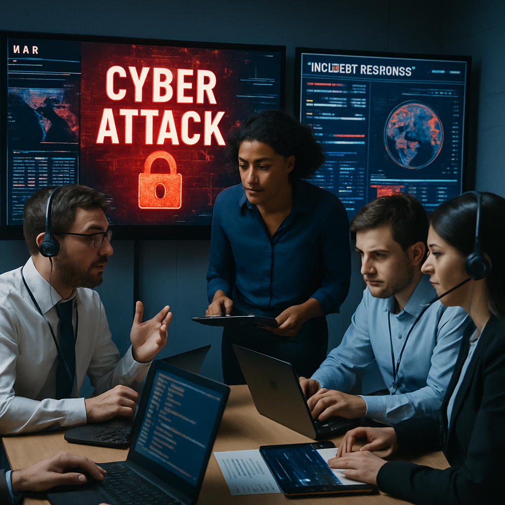 Team members in a war room orchestrating a cybersecurity response during an incident